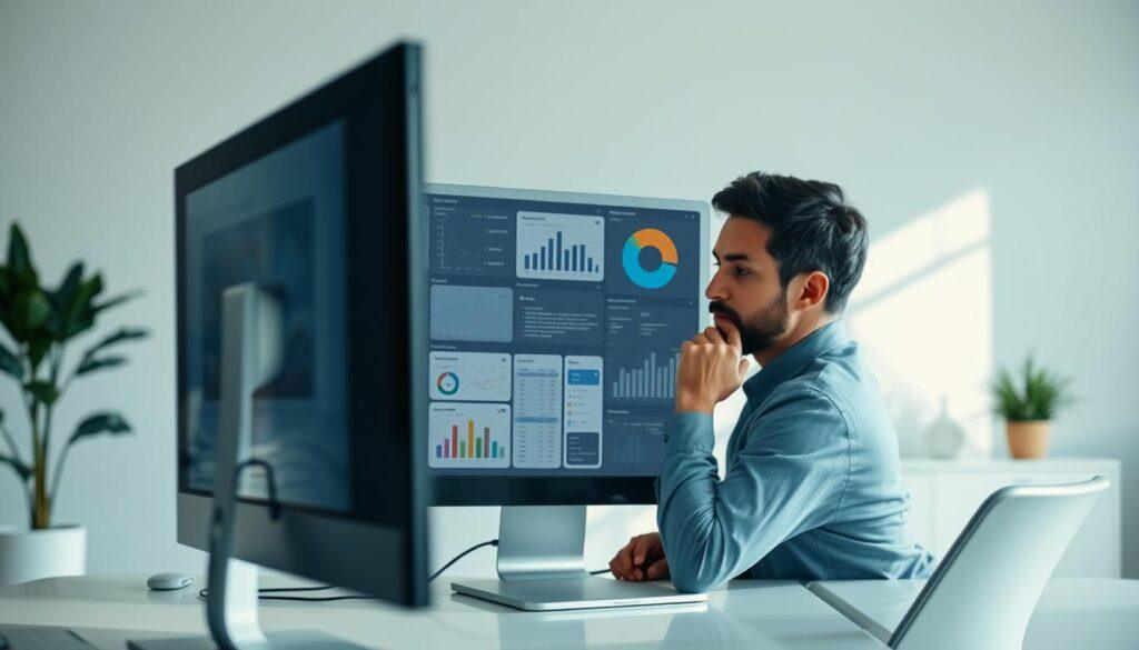 A detailed decision support tool evaluation against a backdrop of a modern, minimalist office setting. In the foreground, a sleek, high-resolution computer display showcases various analytical dashboards and visualizations. The middle ground features a user thoughtfully interacting with the tool, expression focused and engaged. Soft, directional lighting illuminates the scene, casting subtle shadows and highlighting the crisp lines of the office furniture. The background is a serene, neutral palette, allowing the evaluation process to take center stage. An atmosphere of productivity, clarity, and informed decision-making permeates the image. A detailed decision support tool evaluation against a backdrop of a modern, minimalist office setting. In the foreground, a sleek, high-resolution computer display showcases various analytical dashboards and visualizations. The middle ground features a user thoughtfully interacting with the tool, expression focused and engaged. Soft, directional lighting illuminates the scene, casting subtle shadows and highlighting the crisp lines of the office furniture. The background is a serene, neutral palette, allowing the evaluation process to take center stage. An atmosphere of productivity, clarity, and informed decision-making permeates the image.
