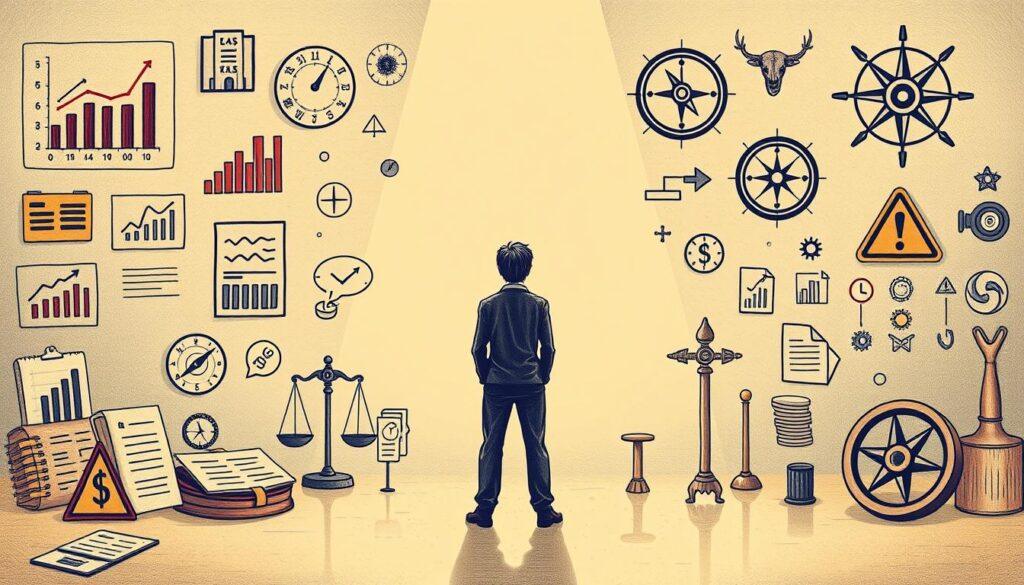 A detailed illustration of decision-making factors in risk assessment. A central figure symbolizing a decision-maker stands contemplatively, surrounded by various icons representing key elements - data, charts, scales, warning signs, and compass rose. The scene is bathed in a warm, pensive lighting, with a muted color palette evoking thoughtfulness. The composition is balanced, with the focal point drawing the eye, while the supporting details provide context. The overall mood is one of careful consideration, as the decision-maker weighs the multifaceted aspects of risk management. A detailed illustration of decision-making factors in risk assessment. A central figure symbolizing a decision-maker stands contemplatively, surrounded by various icons representing key elements - data, charts, scales, warning signs, and compass rose. The scene is bathed in a warm, pensive lighting, with a muted color palette evoking thoughtfulness. The composition is balanced, with the focal point drawing the eye, while the supporting details provide context. The overall mood is one of careful consideration, as the decision-maker weighs the multifaceted aspects of risk management.