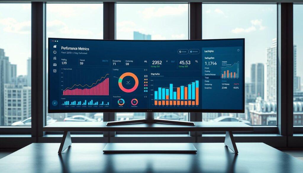 A high-tech performance metrics dashboard displayed on a sleek, ultrawide monitor. The dashboard features crisp, high-contrast visualizations of key performance indicators, arranged in a clean, minimalist layout. The display is bathed in a soft, indirect lighting that highlights the vibrant colors and sharp edges of the UI elements. The dashboard is positioned on a modern, metallic desk in a bright, airy office space, with large windows providing a view of a bustling city skyline in the background. The overall scene conveys a sense of professional, data-driven decision-making. A high-tech performance metrics dashboard displayed on a sleek, ultrawide monitor. The dashboard features crisp, high-contrast visualizations of key performance indicators, arranged in a clean, minimalist layout. The display is bathed in a soft, indirect lighting that highlights the vibrant colors and sharp edges of the UI elements. The dashboard is positioned on a modern, metallic desk in a bright, airy office space, with large windows providing a view of a bustling city skyline in the background. The overall scene conveys a sense of professional, data-driven decision-making.