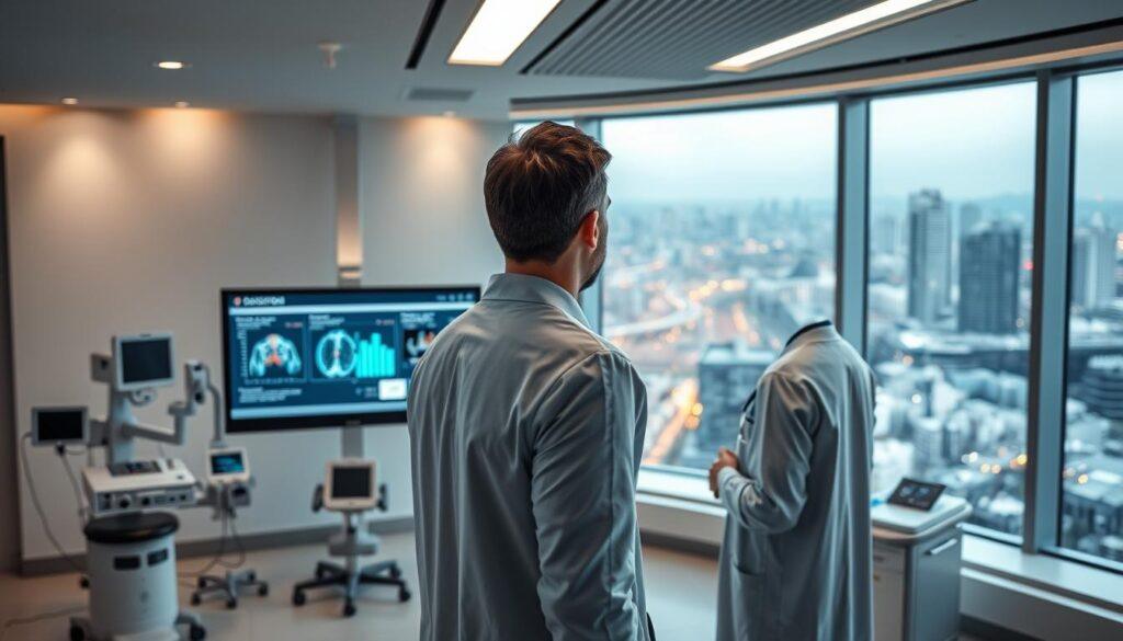 A modern healthcare facility with sleek, minimalist interior. In the foreground, a doctor reviews a decision support system dashboard on a large digital screen, analyzing real-time patient data and treatment recommendations. The middle ground showcases various medical devices and monitoring equipment, seamlessly integrated into the workflow. In the background, a panoramic window offers a view of a bustling urban landscape, symbolizing the system's connectivity and integration with the broader healthcare ecosystem. Soft, directional lighting illuminates the scene, creating a sense of focus and professionalism. The overall mood is one of efficiency, innovation, and a patient-centric approach to care.