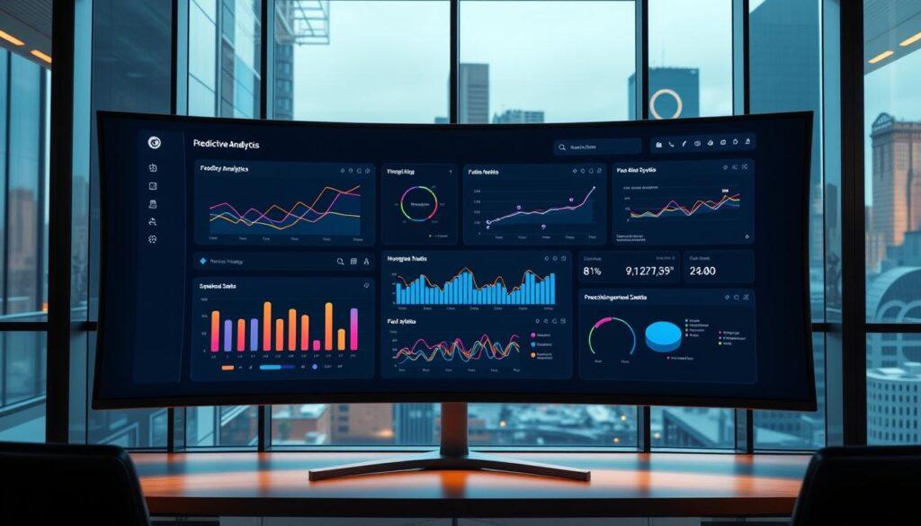 A sleek and modern predictive analytics dashboard displayed on a large curved screen, illuminated by a soft, warm lighting setup. The dashboard features a clean and intuitive interface with interactive visualizations such as line graphs, bar charts, and scatter plots, all presenting insightful data analysis relevant to the "Incorporating Statistical Tools" section. The overall aesthetic is minimalist, with a dark color scheme accentuated by splashes of vibrant accent colors. The dashboard is situated in a sophisticated, high-tech office environment, with hints of the city skyline visible through large windows in the background. A sleek and modern predictive analytics dashboard displayed on a large curved screen, illuminated by a soft, warm lighting setup. The dashboard features a clean and intuitive interface with interactive visualizations such as line graphs, bar charts, and scatter plots, all presenting insightful data analysis relevant to the "Incorporating Statistical Tools" section. The overall aesthetic is minimalist, with a dark color scheme accentuated by splashes of vibrant accent colors. The dashboard is situated in a sophisticated, high-tech office environment, with hints of the city skyline visible through large windows in the background.
