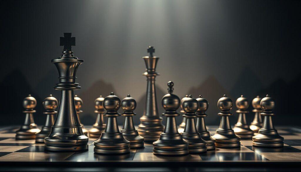 A strategic chessboard with metallic pieces representing different competitive game theory strategies, illuminated by dramatic lighting from above. The foreground features interlocking knight and rook pieces in a tense standoff, reflecting the complexities of decision-making. The middle ground showcases a queen piece towering over pawns, symbolizing the power dynamics at play. In the background, a shadowy landscape of abstract geometrical shapes and lines suggests the broader context of competitive environments. The overall mood is one of intensity, challenge, and the need for sophisticated analytical thinking. A strategic chessboard with metallic pieces representing different competitive game theory strategies, illuminated by dramatic lighting from above. The foreground features interlocking knight and rook pieces in a tense standoff, reflecting the complexities of decision-making. The middle ground showcases a queen piece towering over pawns, symbolizing the power dynamics at play. In the background, a shadowy landscape of abstract geometrical shapes and lines suggests the broader context of competitive environments. The overall mood is one of intensity, challenge, and the need for sophisticated analytical thinking.