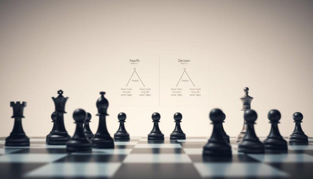 A strategic decision-making game theory model, rendered in a clean, minimalist style. In the foreground, a chessboard with abstract game pieces representing players and their moves. The middle ground features a schematic diagram of payoff matrices and decision trees, illuminated by a soft, directional light. The background is a muted, neutral color palette, creating a sense of focus and contemplation. The overall composition conveys the analytical and conceptual nature of game theory principles, suitable for an academic article on enhancing strategic decision-making. A strategic decision-making game theory model, rendered in a clean, minimalist style. In the foreground, a chessboard with abstract game pieces representing players and their moves. The middle ground features a schematic diagram of payoff matrices and decision trees, illuminated by a soft, directional light. The background is a muted, neutral color palette, creating a sense of focus and contemplation. The overall composition conveys the analytical and conceptual nature of game theory principles, suitable for an academic article on enhancing strategic decision-making.