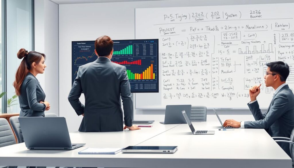 A detailed illustration of a betting systems analysis scene, focusing on a modern office setting. In the foreground, a diverse group of three professionals, dressed in smart attire, are intently discussing data displayed on a large computer screen, showcasing graphs, charts, and statistical models related to betting strategies. The middle ground features a sleek conference table with laptops, notebooks, and digital devices, indicating a collaborative atmosphere. In the background, a whiteboard filled with complex formulas and game scenario simulations adds depth. The lighting is bright and focused, with soft shadows creating a dynamic yet professional mood. Capture the essence of analytical teamwork and strategic planning in a sophisticated corporate environment. A detailed illustration of a betting systems analysis scene, focusing on a modern office setting. In the foreground, a diverse group of three professionals, dressed in smart attire, are intently discussing data displayed on a large computer screen, showcasing graphs, charts, and statistical models related to betting strategies. The middle ground features a sleek conference table with laptops, notebooks, and digital devices, indicating a collaborative atmosphere. In the background, a whiteboard filled with complex formulas and game scenario simulations adds depth. The lighting is bright and focused, with soft shadows creating a dynamic yet professional mood. Capture the essence of analytical teamwork and strategic planning in a sophisticated corporate environment.