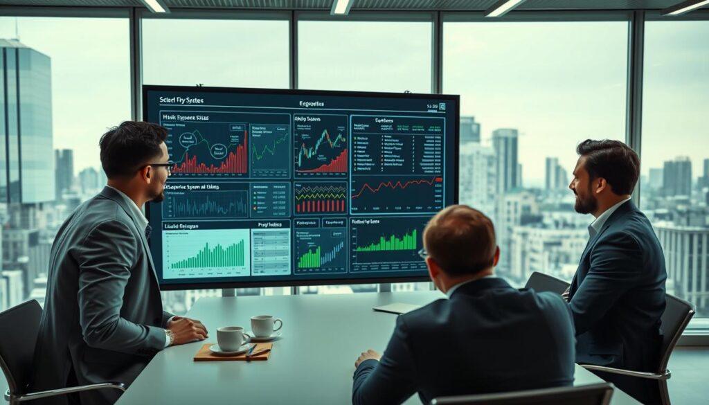 A dynamic and informative visualization depicting 'risk exposure analysis' in the context of scenario stress testing. In the foreground, a diverse group of four business professionals, dressed in smart business attire, huddle around a large digital screen displaying intricate analytical graphs and charts showing various risk factors and weaknesses in a betting system. In the middle ground, a modern conference room filled with bright LED lighting reflects a serious, yet optimistic atmosphere, with coffee cups and notepads scattered on a sleek table. The background features large windows showcasing a bustling cityscape, hinting at the real-world implications of their analysis. Use a slight overhead angle to capture the intensity of their discussion and the complexity of the data presented, conveying a sense of urgency and focus. A dynamic and informative visualization depicting 'risk exposure analysis' in the context of scenario stress testing. In the foreground, a diverse group of four business professionals, dressed in smart business attire, huddle around a large digital screen displaying intricate analytical graphs and charts showing various risk factors and weaknesses in a betting system. In the middle ground, a modern conference room filled with bright LED lighting reflects a serious, yet optimistic atmosphere, with coffee cups and notepads scattered on a sleek table. The background features large windows showcasing a bustling cityscape, hinting at the real-world implications of their analysis. Use a slight overhead angle to capture the intensity of their discussion and the complexity of the data presented, conveying a sense of urgency and focus.