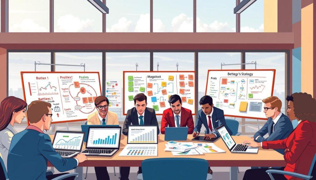 A dynamic illustration depicting various sports betting strategies in a modern office setting. In the foreground, a diverse group of professionals in business attire are engaged around a large table with laptops open, showcasing graphs and charts on sports betting odds, risk-reward analysis, and strategy flowcharts. The middle ground features whiteboards filled with colorful brainstorming notes and sticky tabs, highlighting different approaches to betting optimization. In the background, large windows reveal a skyline, allowing soft, natural light to illuminate the room, creating a focused and collaborative atmosphere. The mood is energetic and analytical, reflecting a serious yet innovative approach to maximizing potential gains in sports betting.