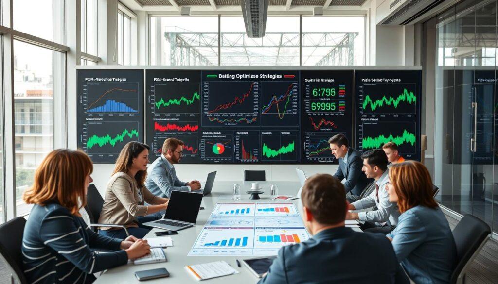 A modern office environment featuring a large, interactive digital display showcasing various betting optimization strategies. In the foreground, a diverse group of professionals in business attire engage in deep discussion, analyzing data with laptops open and notes scattered around. The middle ground features a sleek conference table with colorful graphs and charts projected on screens, illustrating the risk-reward tradeoff in sports betting. In the background, large windows allow natural light to flood the room, creating a bright and optimistic atmosphere. The scene conveys collaboration and innovation, with a focus on optimizing systems for successful betting strategies. Captured from a slightly elevated angle, the image should evoke a sense of professionalism and diligence.