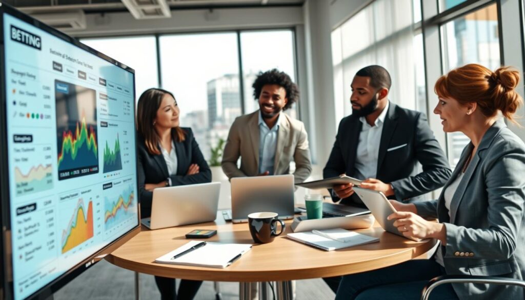 A modern office setting where a diverse group of three professionals in business attire is engaged in a brainstorming session. In the foreground, a digital screen displays colorful graphs and charts illustrating various betting scenarios with clear indicators of sensitivity and outcomes. The middle layer features a round table with laptops, notebooks, and coffee cups, highlighting a collaborative atmosphere. In the background, large windows allow natural light to flood the room, casting soft shadows and creating a dynamic, focused ambiance. The mood is analytical yet creative, with an emphasis on innovation and strategy in decision-making. The angle captures the team dynamic, focusing on their engagement and the active discussion around the scenario tests being conducted. A modern office setting where a diverse group of three professionals in business attire is engaged in a brainstorming session. In the foreground, a digital screen displays colorful graphs and charts illustrating various betting scenarios with clear indicators of sensitivity and outcomes. The middle layer features a round table with laptops, notebooks, and coffee cups, highlighting a collaborative atmosphere. In the background, large windows allow natural light to flood the room, casting soft shadows and creating a dynamic, focused ambiance. The mood is analytical yet creative, with an emphasis on innovation and strategy in decision-making. The angle captures the team dynamic, focusing on their engagement and the active discussion around the scenario tests being conducted.