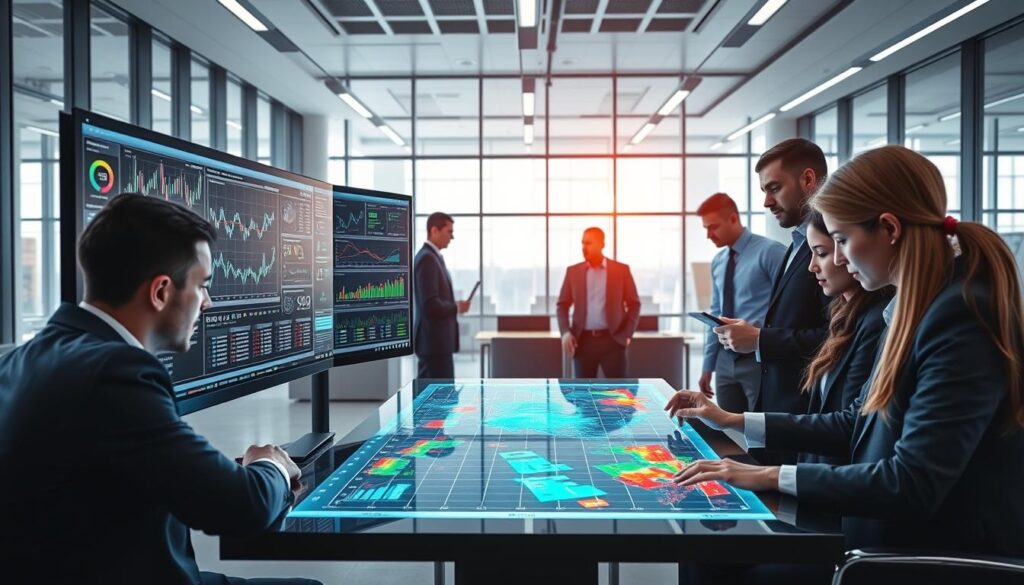 A sleek and modern digital workspace showcasing risk strategy simulation platforms. In the foreground, a high-tech computer screen displays intricate graphs, charts, and data analytics related to simulation modeling, surrounded by professional business attire-clad individuals, deeply focused on their work. In the middle, an interactive touchscreen table showcases dynamic simulations of various betting strategies, with bright colors and visual effects emphasizing the data flow. The background features a contemporary office environment with large windows, allowing natural light to create a bright and inviting atmosphere. The image has a futuristic feel, with a balanced composition, clear details, and a sense of collaboration and innovation among the professionals. The lighting is soft yet bright, highlighting the engaging and analytical mood of the scene. A sleek and modern digital workspace showcasing risk strategy simulation platforms. In the foreground, a high-tech computer screen displays intricate graphs, charts, and data analytics related to simulation modeling, surrounded by professional business attire-clad individuals, deeply focused on their work. In the middle, an interactive touchscreen table showcases dynamic simulations of various betting strategies, with bright colors and visual effects emphasizing the data flow. The background features a contemporary office environment with large windows, allowing natural light to create a bright and inviting atmosphere. The image has a futuristic feel, with a balanced composition, clear details, and a sense of collaboration and innovation among the professionals. The lighting is soft yet bright, highlighting the engaging and analytical mood of the scene.