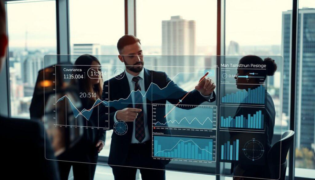A sophisticated visualization of a gambling risk metrics pathways model, set in a modern office environment. In the foreground, a transparent digital screen displays intricate graphs and charts representing correlation and covariance in sports betting analytics. The middle section features professional analysts in business attire, actively discussing and pointing at the data, their expressions focused and engaged. The background contains large windows revealing a bustling cityscape, with subtle reflections of the outside world enhancing the dynamic atmosphere. Soft, ambient lighting illuminates the scene, casting gentle shadows that add depth, while a slight tilt angle gives the image an energetic perspective. The overall mood conveys a sense of professionalism and analytical rigor, perfect for illustrating the concept of risk diversification with correlated bets. A sophisticated visualization of a gambling risk metrics pathways model, set in a modern office environment. In the foreground, a transparent digital screen displays intricate graphs and charts representing correlation and covariance in sports betting analytics. The middle section features professional analysts in business attire, actively discussing and pointing at the data, their expressions focused and engaged. The background contains large windows revealing a bustling cityscape, with subtle reflections of the outside world enhancing the dynamic atmosphere. Soft, ambient lighting illuminates the scene, casting gentle shadows that add depth, while a slight tilt angle gives the image an energetic perspective. The overall mood conveys a sense of professionalism and analytical rigor, perfect for illustrating the concept of risk diversification with correlated bets.