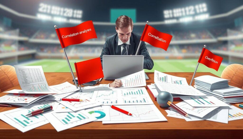 A visually engaging illustration depicting common pitfalls in regression analysis within the context of sports betting. In the foreground, show a table cluttered with statistical charts, algorithms, and red flags symbolizing errors such as overfitting and correlation confusion. In the middle ground, include a laptop displaying a regression analysis program, with a professional in business attire analyzing the data. The background features a blurred image of a sports stadium, subtly hinting at a sports betting theme. Soft, focused lighting accentuates the table while creating a slightly dramatic and thoughtful atmosphere, emphasizing the importance of careful analysis. Use a shallow depth of field to make the foreground elements pop, drawing attention to the clarity of the analyzing process and its associated challenges.