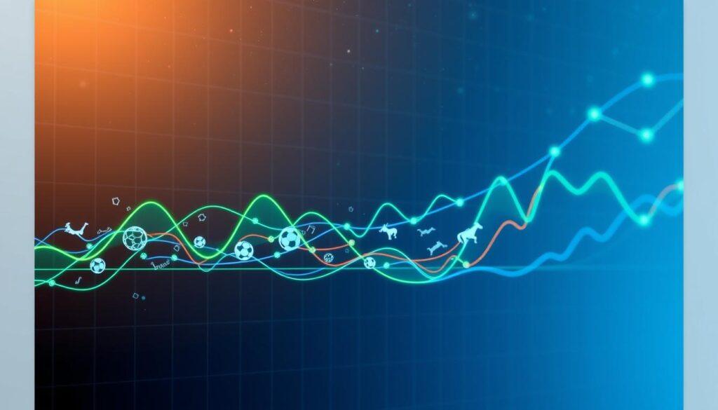 A visually striking and analytical depiction of gambling correlation patterns in sports betting. In the foreground, a dynamic digital graph illustrates fluctuating correlation lines, highlighted in vibrant colors such as green and blue, showcasing the relationships between various sports events. The middle ground features abstract representations of sports icons like footballs, basketballs, and racehorses, cleverly integrated within the graph to visually connect data with real-world sports. The background fades into a soft gradient of dark blues and blacks, suggesting depth, while pinpoints of light represent data points in a starry sky, reflecting a sense of vastness and complexity in analytics. Emphasize clarity and professionalism in the design, with a high-tech aesthetic. Soft lighting enhances the mood of insightful exploration and analysis. A visually striking and analytical depiction of gambling correlation patterns in sports betting. In the foreground, a dynamic digital graph illustrates fluctuating correlation lines, highlighted in vibrant colors such as green and blue, showcasing the relationships between various sports events. The middle ground features abstract representations of sports icons like footballs, basketballs, and racehorses, cleverly integrated within the graph to visually connect data with real-world sports. The background fades into a soft gradient of dark blues and blacks, suggesting depth, while pinpoints of light represent data points in a starry sky, reflecting a sense of vastness and complexity in analytics. Emphasize clarity and professionalism in the design, with a high-tech aesthetic. Soft lighting enhances the mood of insightful exploration and analysis.