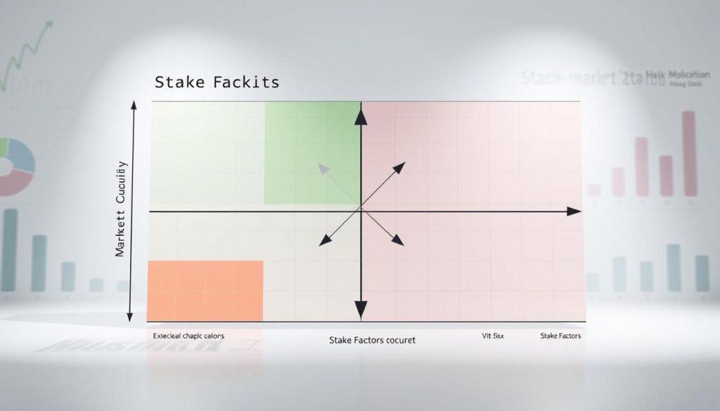 A comprehensive and visually engaging Stake Factoring Risk Matrix Diagram, illustrating a grid with axes labeled 'Market Quality' and 'Stake Factors.' In the foreground, distinct cells show varying risk levels—color-coded from green (low risk) to red (high risk). In the middle, subtle arrows point out trends in stakeholder engagement based on market quality. The background features abstract business graphics, like faint charts and graphs, signifying a professional environment. The lighting is bright, emphasizing clarity and focus on the diagram, with a slight shadow effect to give depth. Rendered from a slightly elevated angle for a three-dimensional feel, the atmosphere conveys seriousness and analytical depth, suitable for a corporate or academic context.