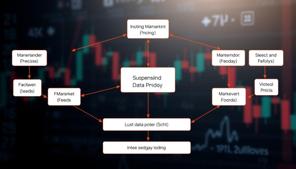 A detailed flow diagram illustrating fallback pricing and market suspension in a trading context. In the foreground, highlight interconnected nodes representing data points for market feeds, fallback systems, and pricing mechanisms, using bold lines and arrows to indicate the flow of information. In the middle, depict various layers of data redundancy and the suspension protocols, with contrasting colors to differentiate between active and inactive states. In the background, incorporate abstract representations of financial markets, such as candlestick charts or graphs, subtly blended to emphasize the trading environment. Use soft, professional lighting to create a clear and informative atmosphere, ensuring the diagram is both visually appealing and easy to understand from a technical perspective. A detailed flow diagram illustrating fallback pricing and market suspension in a trading context. In the foreground, highlight interconnected nodes representing data points for market feeds, fallback systems, and pricing mechanisms, using bold lines and arrows to indicate the flow of information. In the middle, depict various layers of data redundancy and the suspension protocols, with contrasting colors to differentiate between active and inactive states. In the background, incorporate abstract representations of financial markets, such as candlestick charts or graphs, subtly blended to emphasize the trading environment. Use soft, professional lighting to create a clear and informative atmosphere, ensuring the diagram is both visually appealing and easy to understand from a technical perspective.