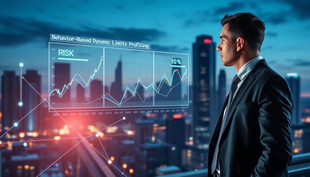 A high-tech, dynamic visual representation of "Behavior-Based Dynamic Limits Profiling." In the foreground, a professional businessperson in a sharp suit observes a digital interface displaying fluctuating graphs and real-time data analytics, symbolizing the balance between risk and VIP relations. The middle ground features abstract elements like interconnected lines and data points, illustrating complex algorithms at work, with soft glowing lights that indicate active data flow. In the background, a futuristic city skyline at dusk, with a blend of blue and purple hues, sets a high-tech atmosphere. The lighting is dramatic yet professional, casting soft shadows that enhance the focus on the interface. The overall mood is one of innovation and strategic foresight.