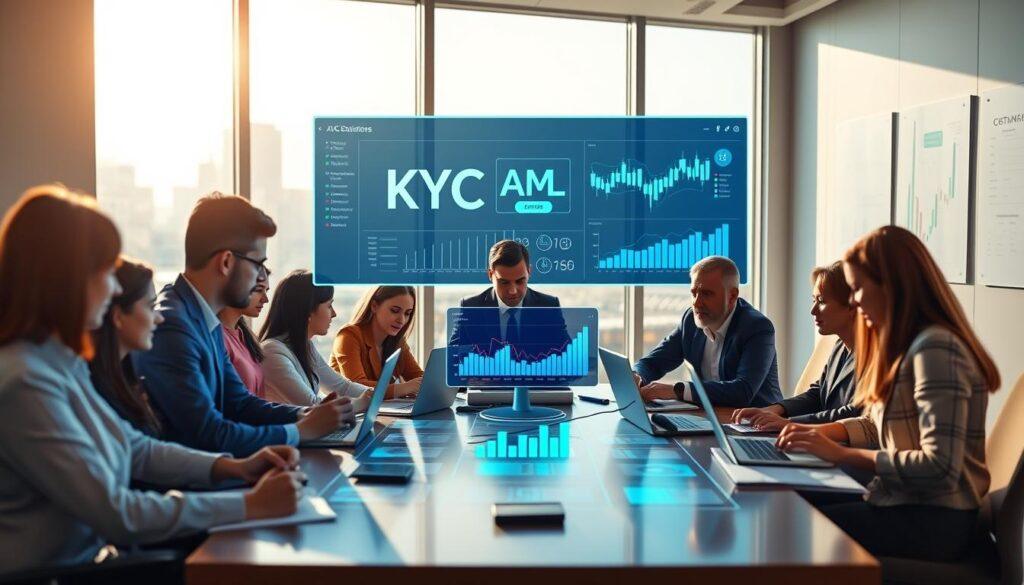 A dynamic office environment symbolizing AML KYC compliance protocols. In the foreground, a diverse group of professionals in business attire is engaged in discussion around a conference table, with laptops and documents scattered about. The middle layer features a digital dashboard displaying KYC and AML analytics, glowing softly in blue and green hues. The background shows a large window with a city skyline, bathed in natural light, creating a bright, optimistic atmosphere. Incorporate subtle visual elements like charts and graphs on the walls, indicating data privacy and regulatory insights. The mood conveys professionalism, vigilance, and collaboration, emphasizing the importance of compliance in trading. A dynamic office environment symbolizing AML KYC compliance protocols. In the foreground, a diverse group of professionals in business attire is engaged in discussion around a conference table, with laptops and documents scattered about. The middle layer features a digital dashboard displaying KYC and AML analytics, glowing softly in blue and green hues. The background shows a large window with a city skyline, bathed in natural light, creating a bright, optimistic atmosphere. Incorporate subtle visual elements like charts and graphs on the walls, indicating data privacy and regulatory insights. The mood conveys professionalism, vigilance, and collaboration, emphasizing the importance of compliance in trading.