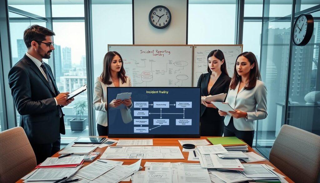A professional office environment illustrating an incident reporting protocol. In the foreground, a diverse group of business professionals in formal attire—two men and two women—engage in a focused discussion, each holding clipboards and digital devices. In the middle, a large table covered with annotated paperwork, charts, and a digital monitor displaying a flowchart of incident reporting steps. The background features glass walls with city views, a whiteboard filled with diagrams, and a wall clock indicating urgency. Soft, natural lighting illuminates the scene through large windows, creating a serious yet collaborative atmosphere. The camera is angled slightly above eye level to capture both the individuals and the detailed clutter of documents, emphasizing the importance of compliance and communication in trading. A professional office environment illustrating an incident reporting protocol. In the foreground, a diverse group of business professionals in formal attire—two men and two women—engage in a focused discussion, each holding clipboards and digital devices. In the middle, a large table covered with annotated paperwork, charts, and a digital monitor displaying a flowchart of incident reporting steps. The background features glass walls with city views, a whiteboard filled with diagrams, and a wall clock indicating urgency. Soft, natural lighting illuminates the scene through large windows, creating a serious yet collaborative atmosphere. The camera is angled slightly above eye level to capture both the individuals and the detailed clutter of documents, emphasizing the importance of compliance and communication in trading.