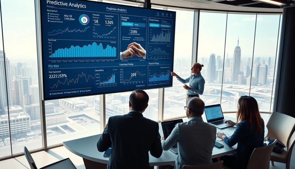 A futuristic office setting with a large digital screen displaying complex predictive analytics graphs and data visualizations, highlighting trends and risk factors. In the foreground, a diverse group of three professionals in business attire, engaged in a collaborative discussion, pointing at the screen and taking notes. The middle ground features a sleek conference table with laptops open, displaying real-time analytics. The background shows a large window overlooking a city skyline, bathed in soft natural light, creating an optimistic atmosphere. Use a high-angle view to capture the dynamic interactions and focus on the technology. The overall mood is professional, innovative, and forward-thinking, representing proactive risk management through advanced data analysis. A futuristic office setting with a large digital screen displaying complex predictive analytics graphs and data visualizations, highlighting trends and risk factors. In the foreground, a diverse group of three professionals in business attire, engaged in a collaborative discussion, pointing at the screen and taking notes. The middle ground features a sleek conference table with laptops open, displaying real-time analytics. The background shows a large window overlooking a city skyline, bathed in soft natural light, creating an optimistic atmosphere. Use a high-angle view to capture the dynamic interactions and focus on the technology. The overall mood is professional, innovative, and forward-thinking, representing proactive risk management through advanced data analysis.