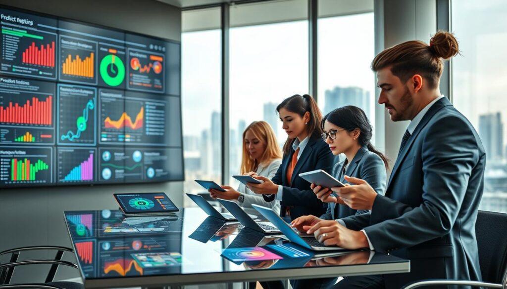 A modern, sleek office space serves as the setting, featuring a large digital display showcasing colorful data visualizations and analytics charts. In the foreground, a diverse group of professionals, dressed in formal business attire, collaborate around a high-tech table, engaging with predictive tools on tablets and laptops. Their expressions are focused and optimistic, conveying a sense of collaboration and innovation. The middle background features a large window with a cityscape view, indicating a high-stakes business environment. Soft, natural light filters in, enhancing the atmosphere of productivity and foresight. The image captures a harmonious balance of technology and teamwork, embodying the essence of predictive insights for proactive risk management. A modern, sleek office space serves as the setting, featuring a large digital display showcasing colorful data visualizations and analytics charts. In the foreground, a diverse group of professionals, dressed in formal business attire, collaborate around a high-tech table, engaging with predictive tools on tablets and laptops. Their expressions are focused and optimistic, conveying a sense of collaboration and innovation. The middle background features a large window with a cityscape view, indicating a high-stakes business environment. Soft, natural light filters in, enhancing the atmosphere of productivity and foresight. The image captures a harmonious balance of technology and teamwork, embodying the essence of predictive insights for proactive risk management.
