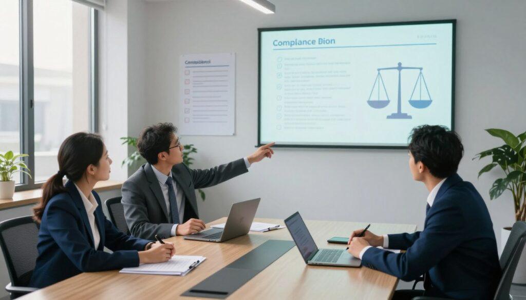 A sleek and modern office environment serves as the backdrop, filled with abstract representations of compliance standards such as checklists and balancing scales. In the foreground, a diverse group of three professionals, dressed in smart business attire, engage in a thoughtful discussion around a large conference table covered with reports and digital devices. One individual gestures towards a projected presentation on a wall, highlighting key compliance metrics. Soft, natural lighting filters through large windows, casting a warm glow that creates a productive atmosphere. The angle is slightly overhead, conveying a sense of organization and focus, while the color palette remains professional with blues and grays, illustrating the seriousness of overcoming challenges in compliance within sports betting.