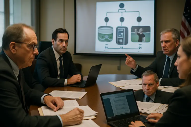 Risk team comparing migration scenarios on financial modeling screens